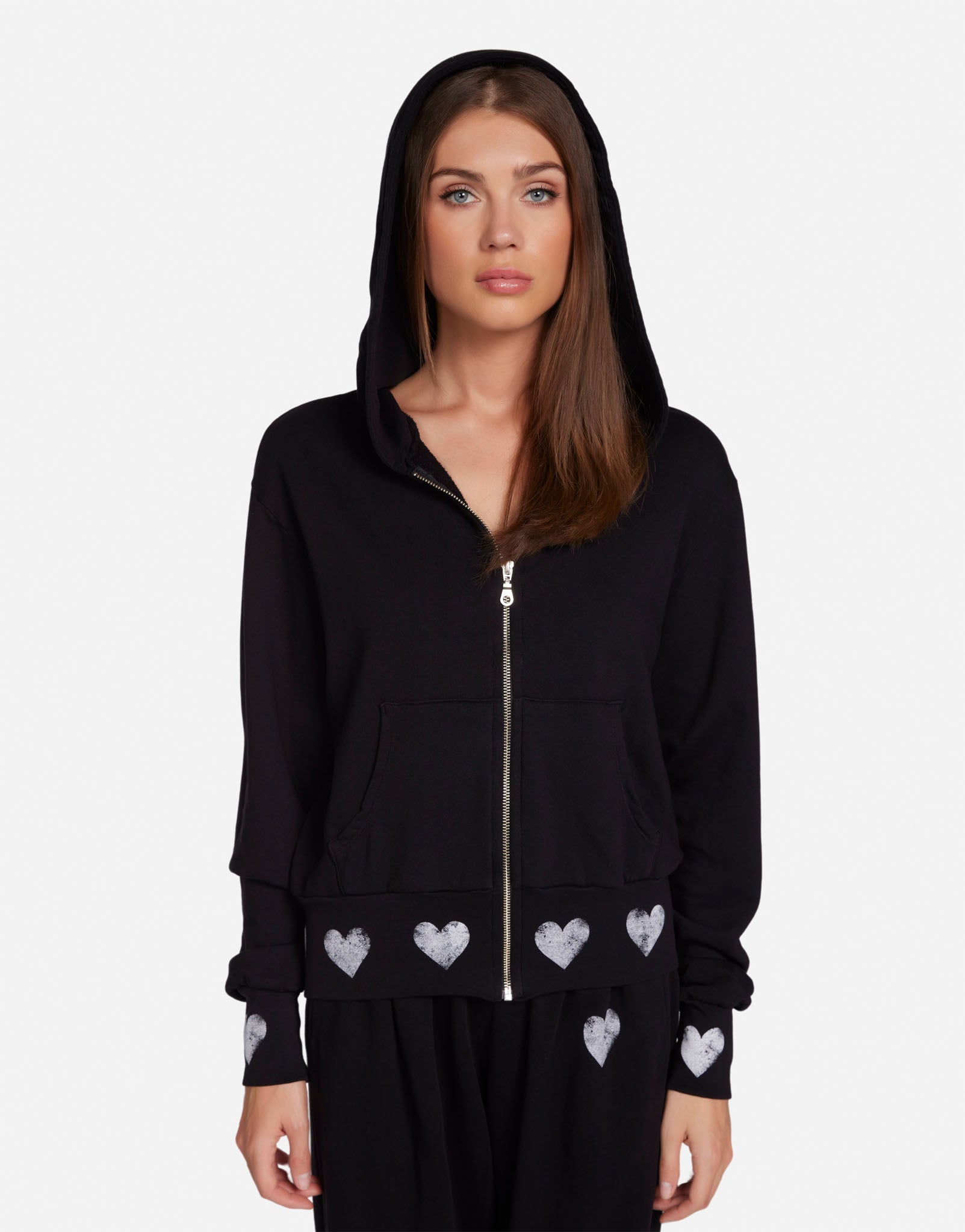 Kaholo Zip Up Hoodie w/ Heart Print in Black by Michael Lauren