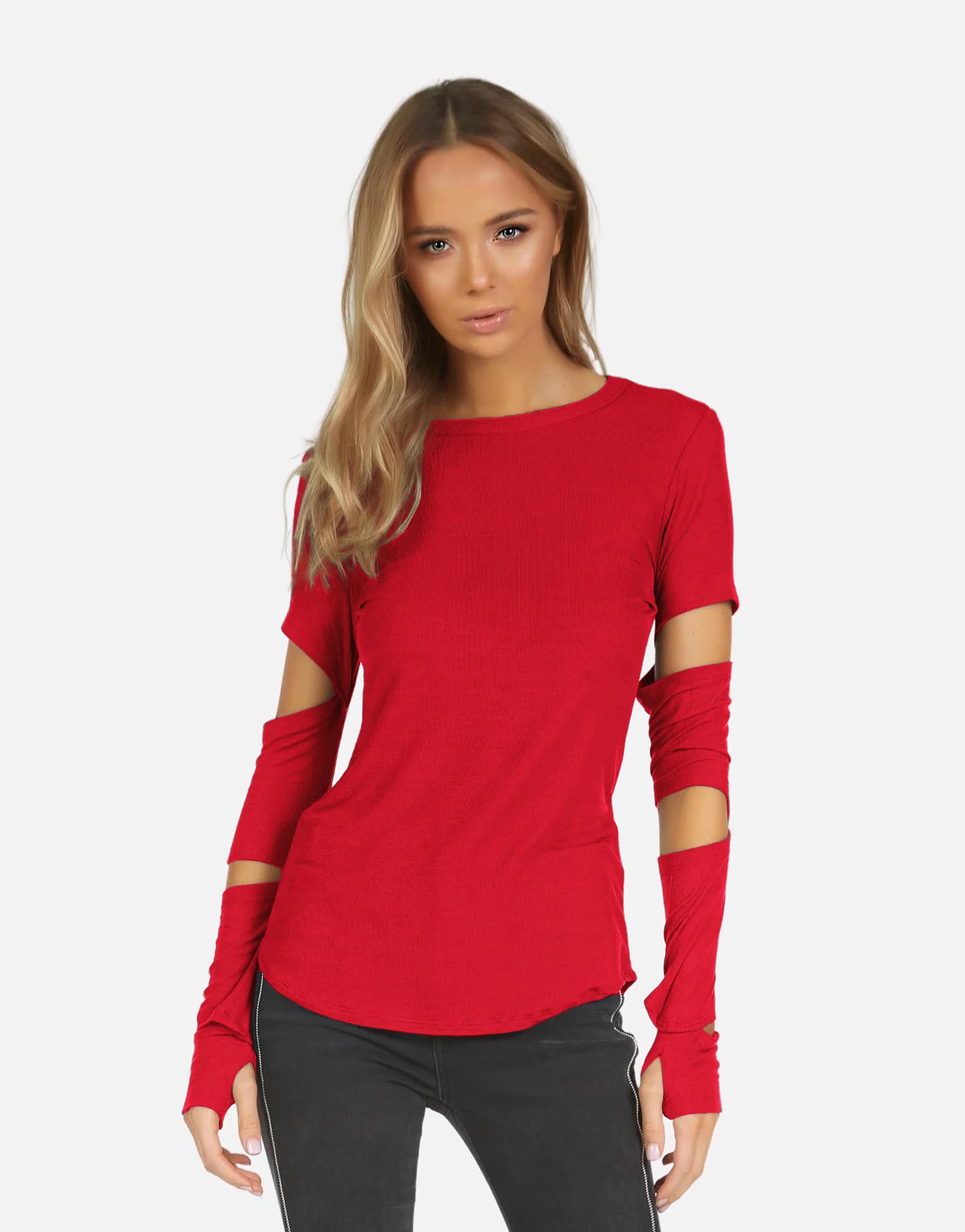 Women's Long Sleeve Slit Top in Red | Granger by Michael Lauren