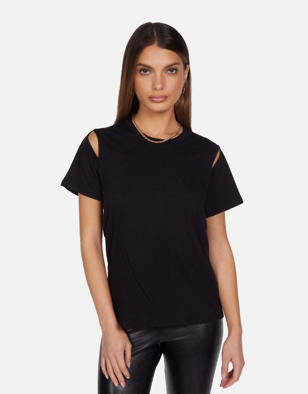 Women's S/S Split Shoulder Tee in Black | Maximilian by Michael Lauren