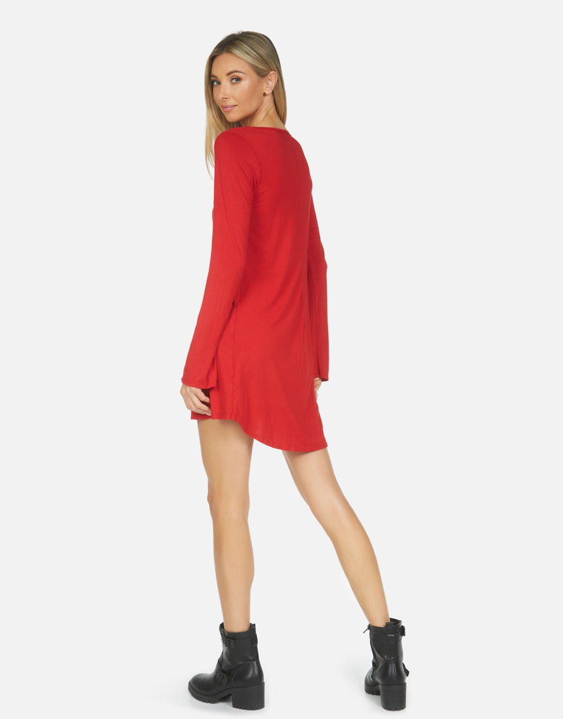 Long Sleeve Candy Red V-Neck Dress